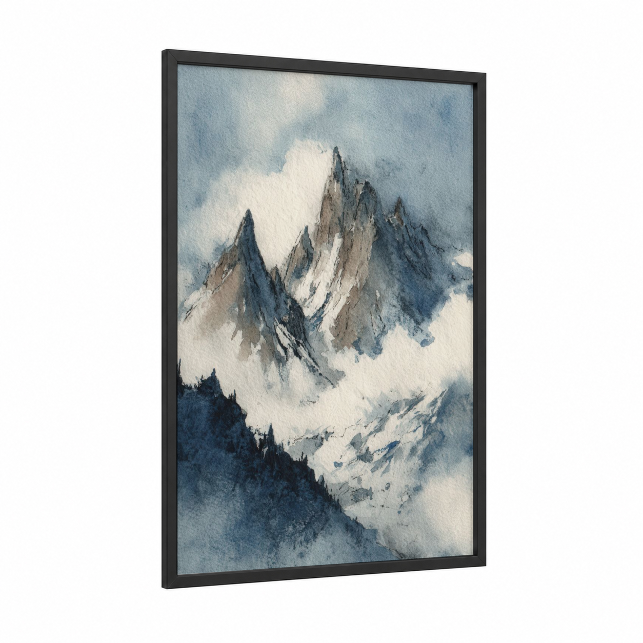 Alpine Peaks framed alps print — black wood frame — blue and white and gray palette