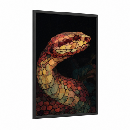 Crimson Python Portrait framed art print — black wood frame — red and gold palette