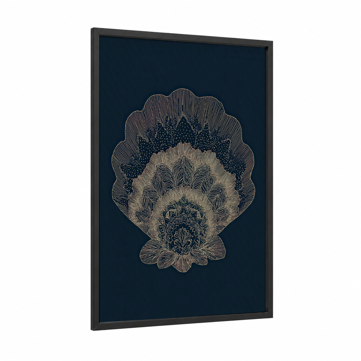 Ornate Seashell framed art print — black wood frame — dark blue and gold palette