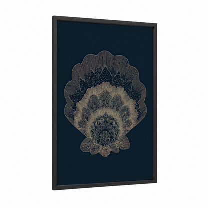 Ornate Seashell framed art print — black wood frame — dark blue and gold palette