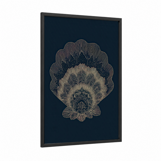 Ornate Seashell framed art print — black wood frame — dark blue and gold palette
