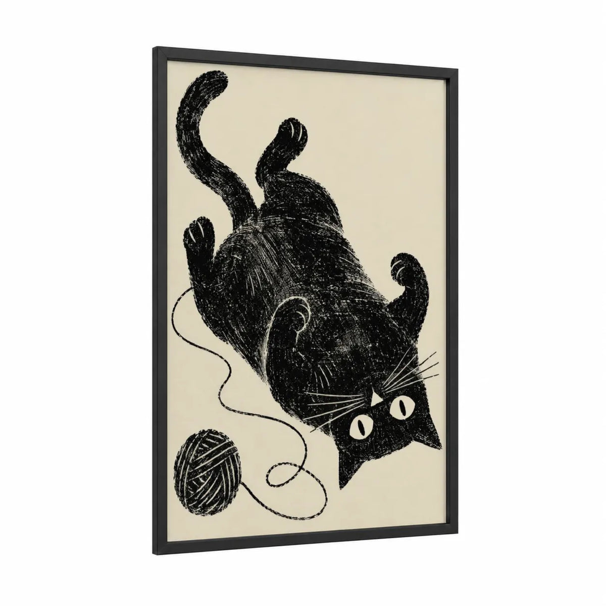 Playful Black Cat With Yarn Wall Art framed art print — black wood frame — black and white and cream palette