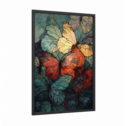 Stained Glass Butterflies framed butterfly print — black wood frame — teal and gold palette