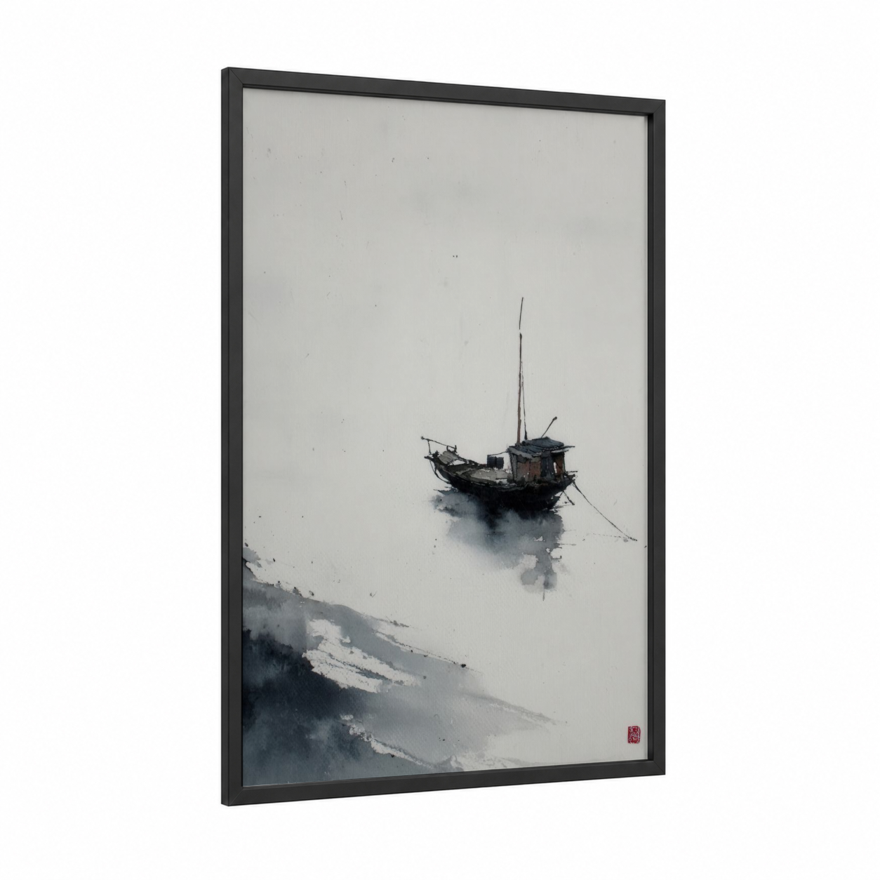 Solitary Fishing Boat framed seascapes and ocean print — black wood frame — gray and black and white palette