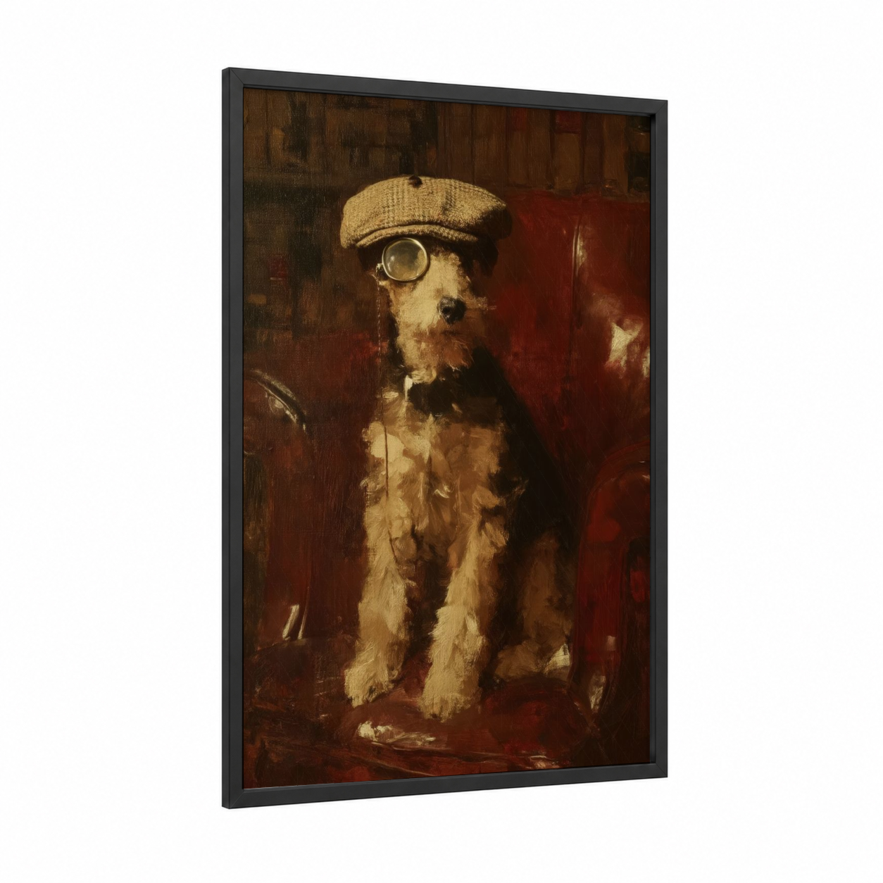 Steampunk Terrier framed art print — black wood frame — russet and maroon palette