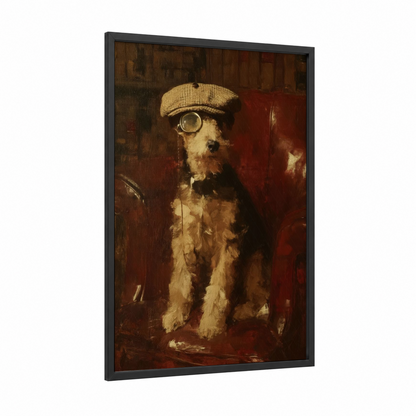 Steampunk Terrier framed art print — black wood frame — russet and maroon palette