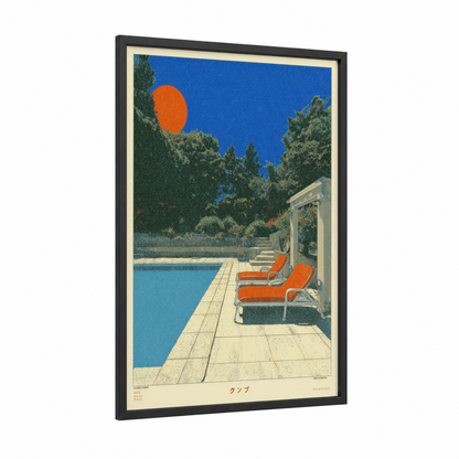 Poolside Sunset framed japanese y2k print — black wood frame — orange and blue palette