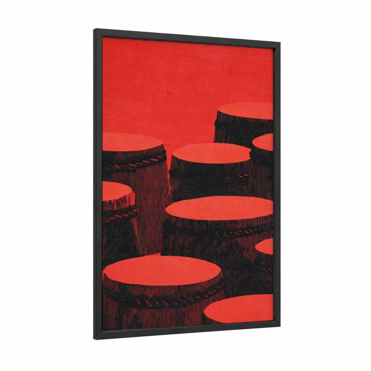 Crimson Drum Kit framed drums print — black wood frame — red and black palette
