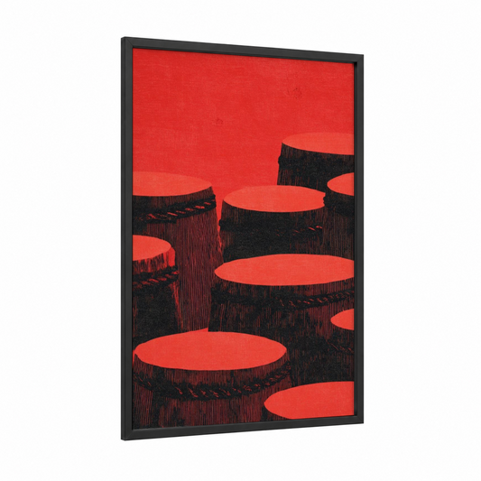 Crimson Drum Kit framed drums print — black wood frame — red and black palette