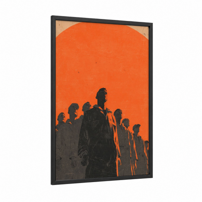 Solidarity Rising framed labor day print — black wood frame — orange and black palette