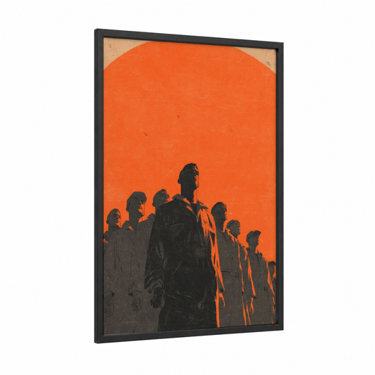 Solidarity Rising framed labor day print — black wood frame — orange and black palette