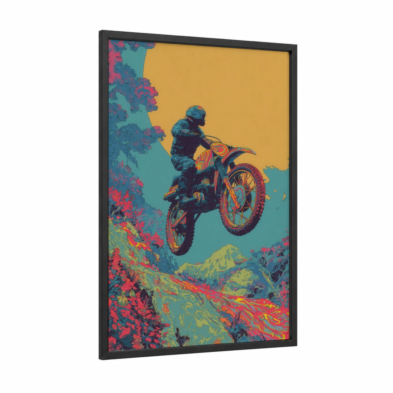 Airborne Stunt Rider framed vintage motorcycle print — black wood frame — gold and magenta palette