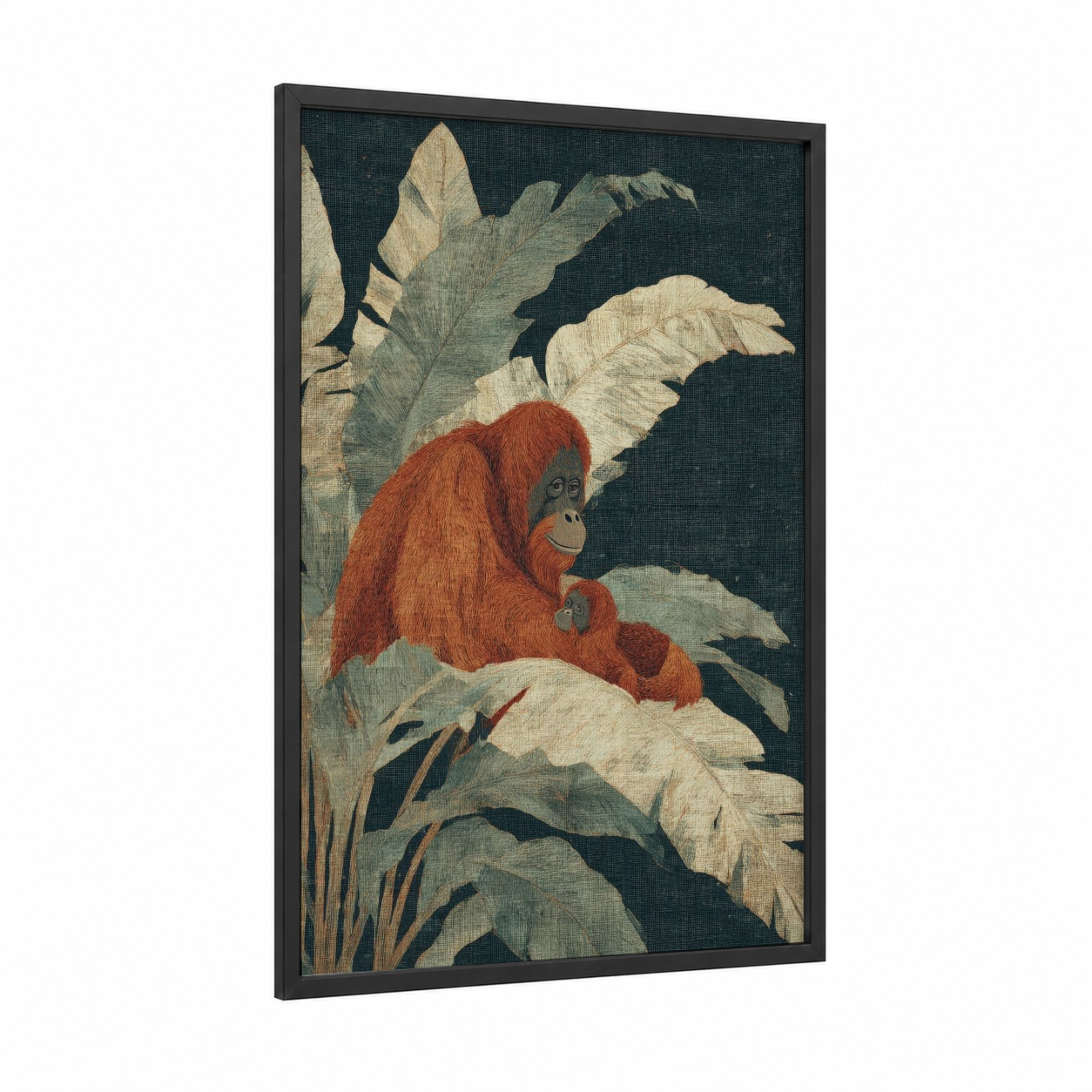 Leafy Orangutan framed art print — black wood frame — russet and dove gray palette