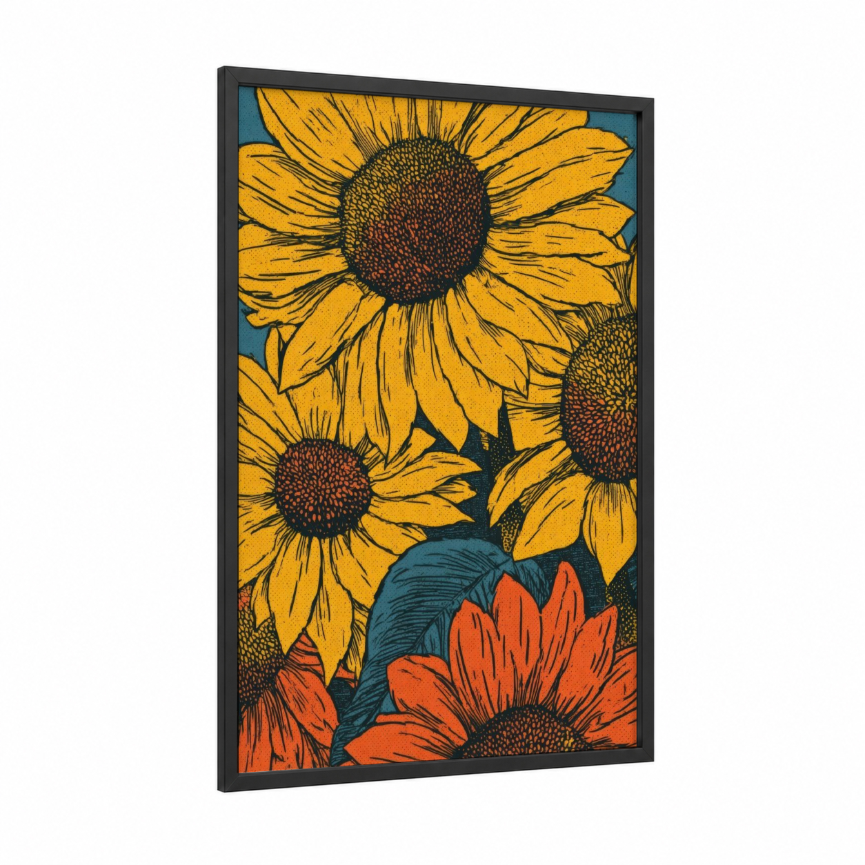 Golden Sunflower Composition framed sunflower field print — black wood frame — gold and teal palette