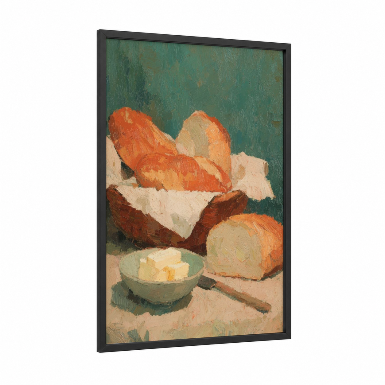 Harvest Bread Abundance framed thanksgiving print — black wood frame — russet and teal palette