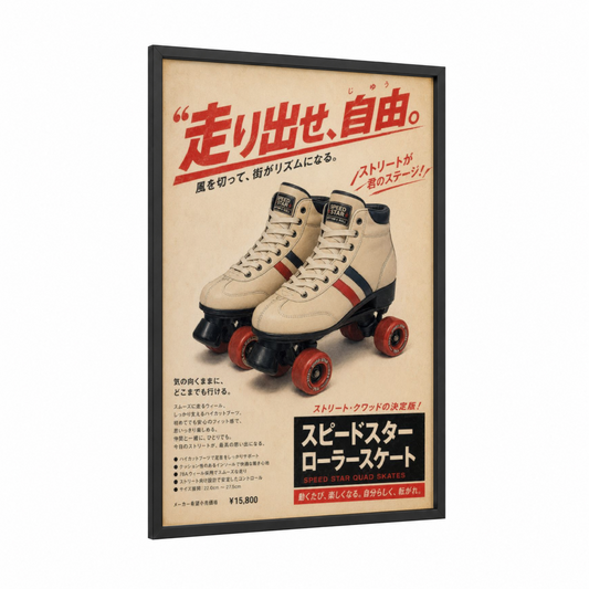 Retro Japanese Roller Skate Wall Art framed roller skating print — black wood frame — red and cream palette