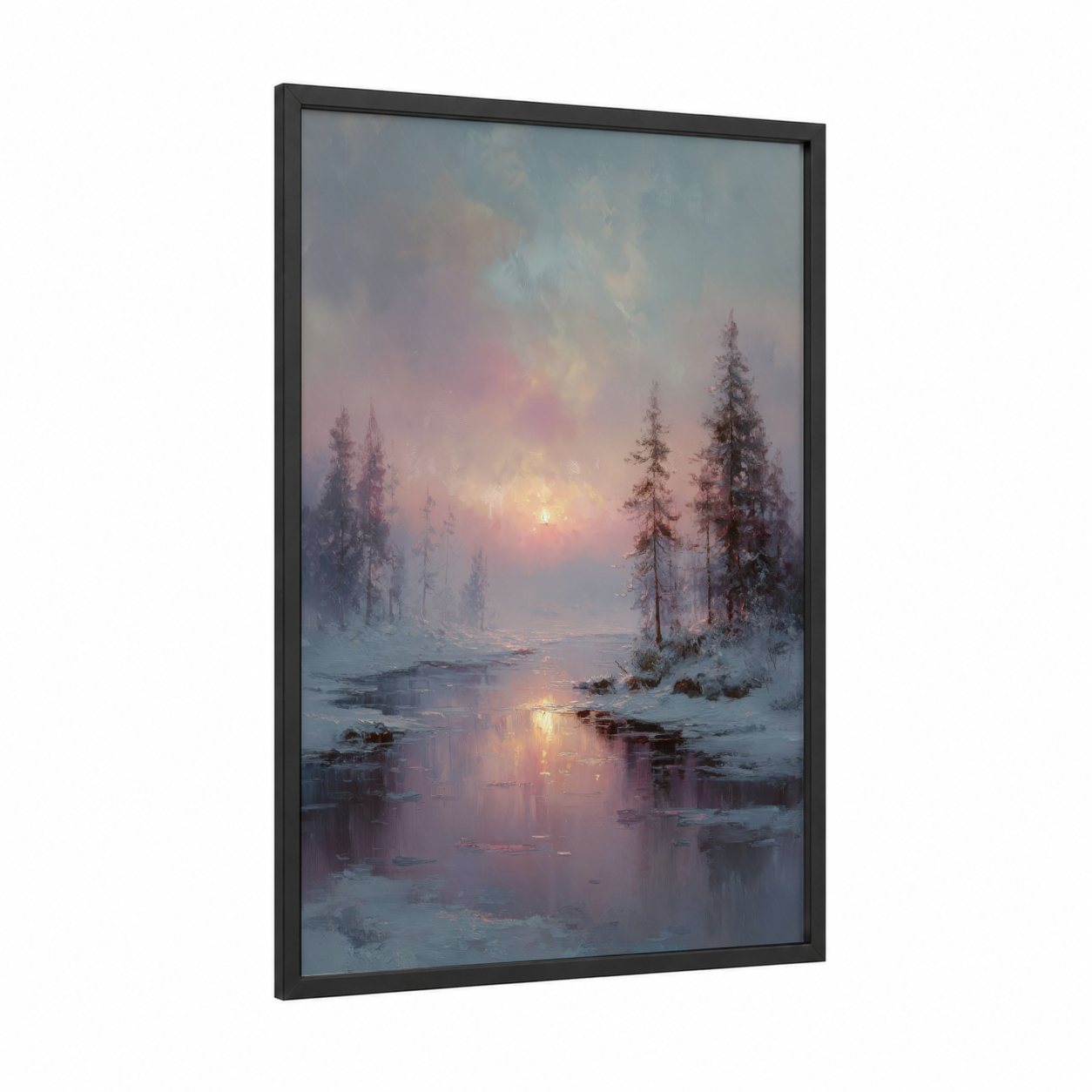 Frosted Dawn Landscape framed winter print — black wood frame — peach and blue and gold palette
