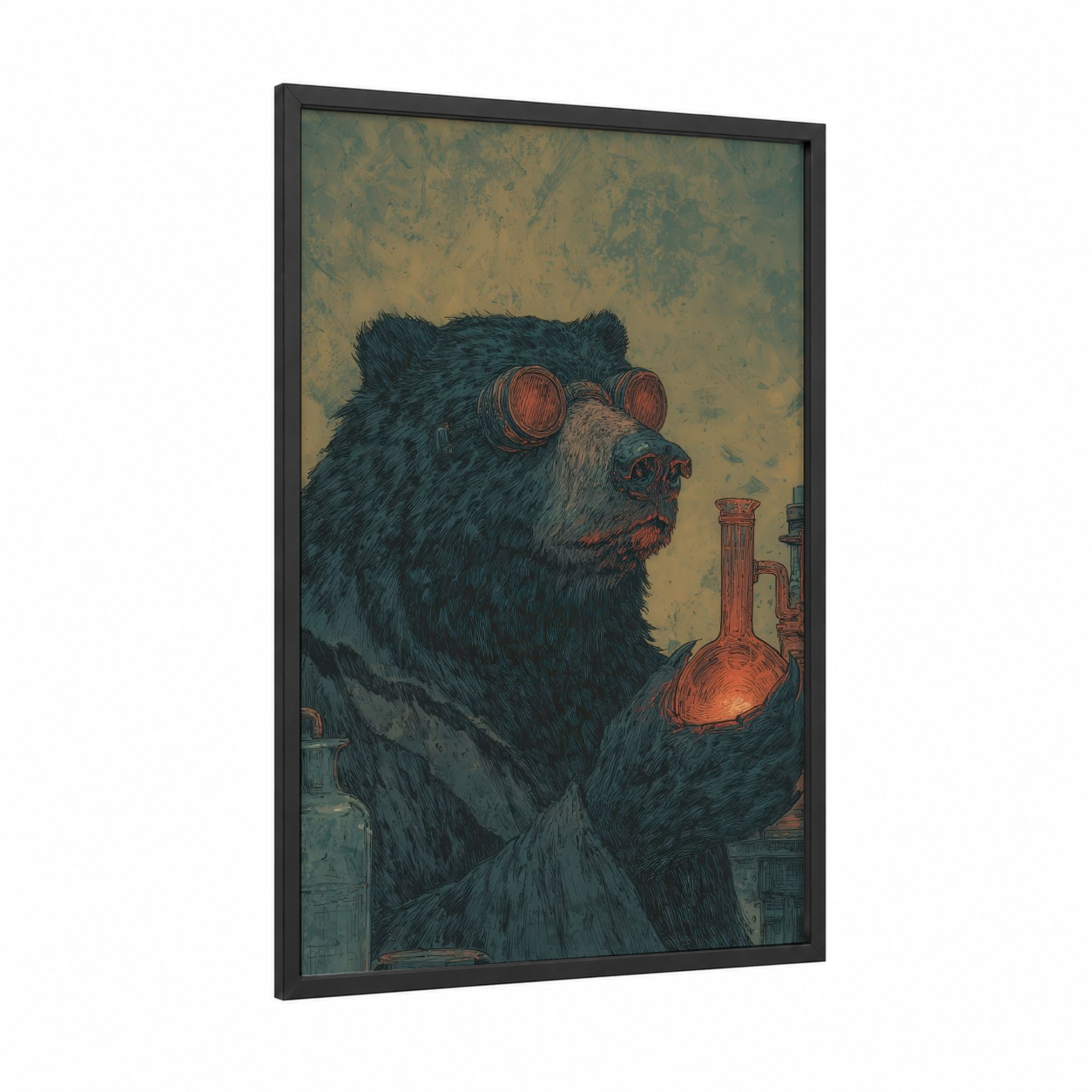 Steampunk Sloth Bear framed art print — black wood frame — dark blue and gold palette