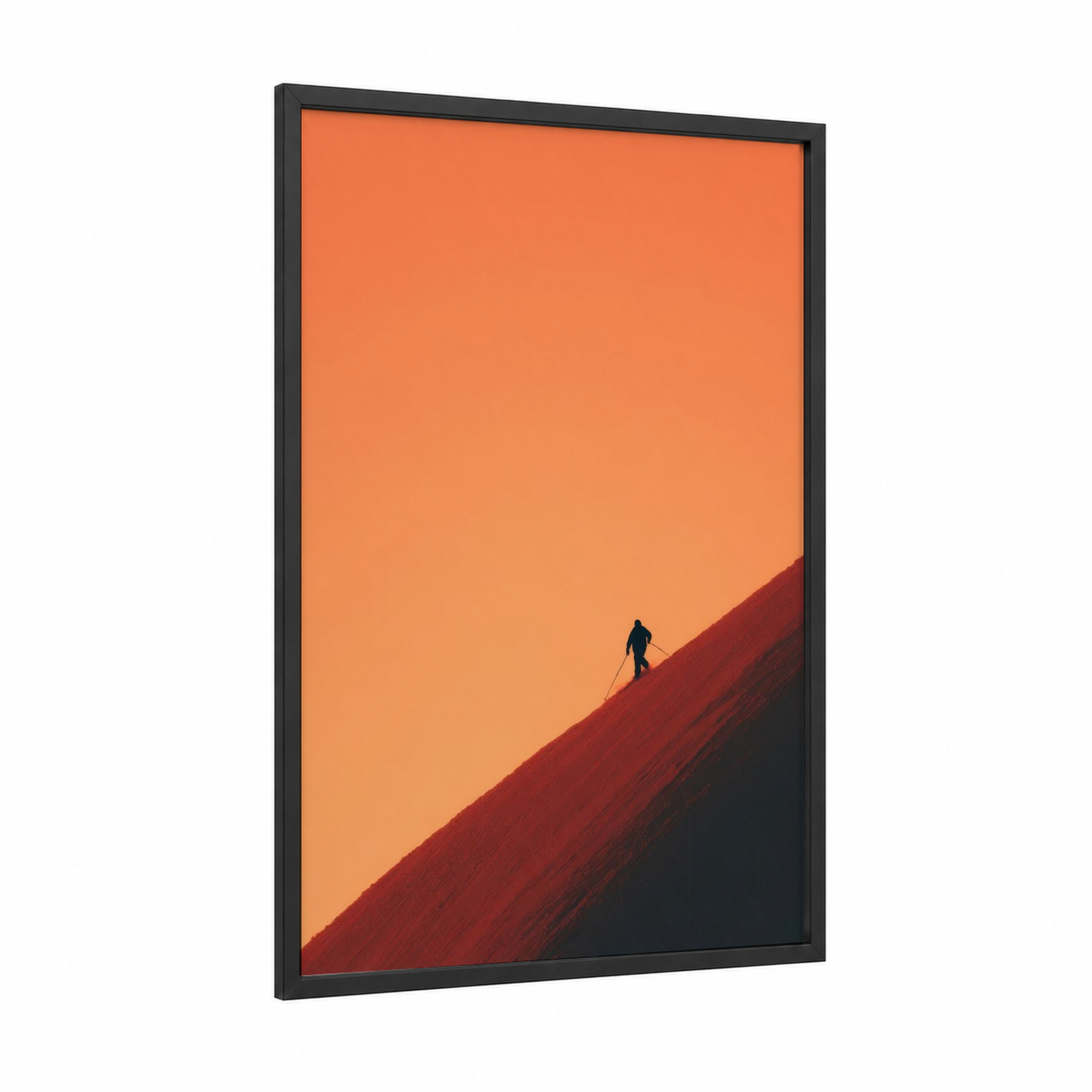 Sunset Skier framed skiing print — black wood frame — pumpkin and maroon palette
