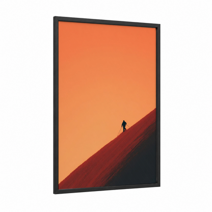 Sunset Skier framed skiing print — black wood frame — pumpkin and maroon palette