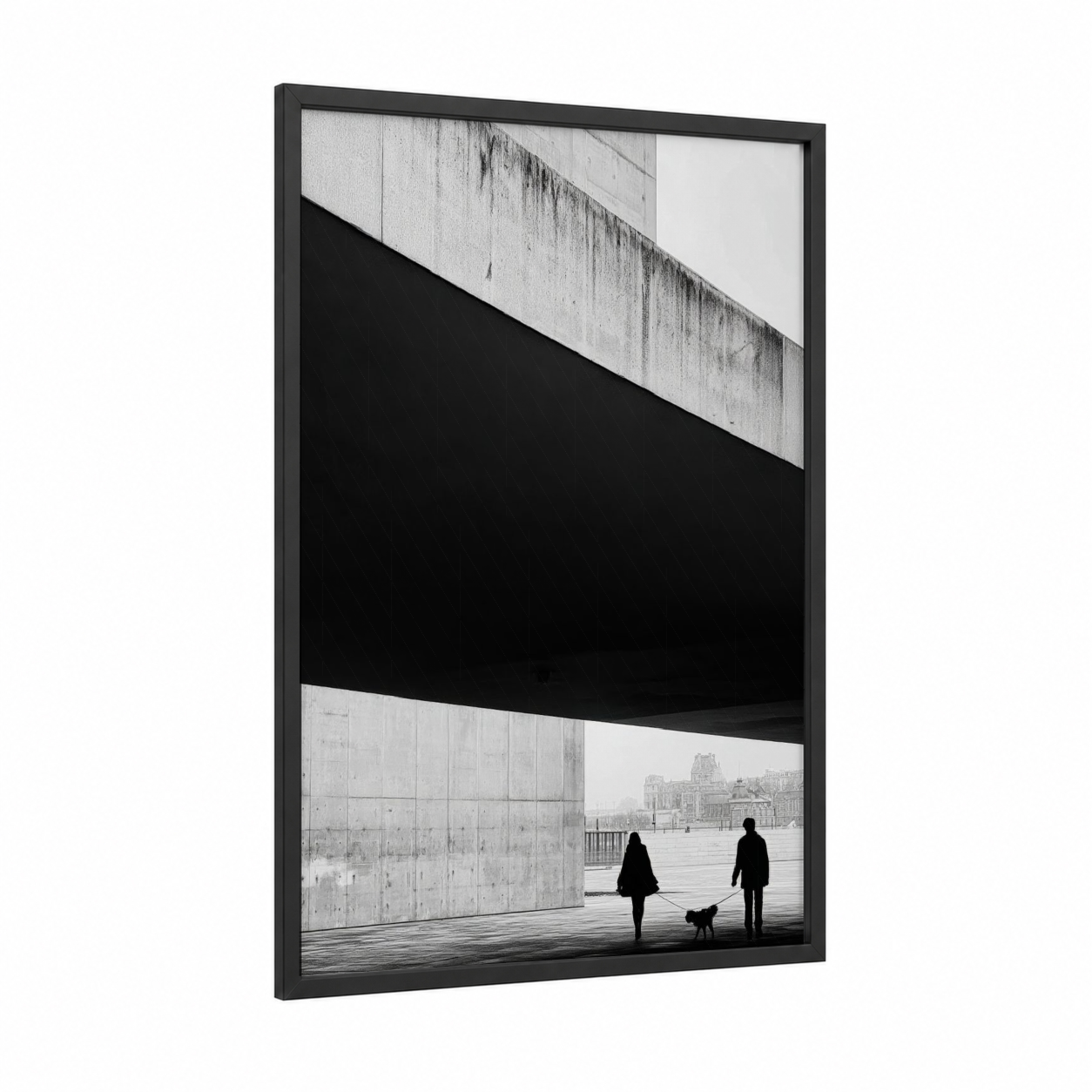 Urban Solitude framed abstract architecture print — black wood frame — black and white and gray palette