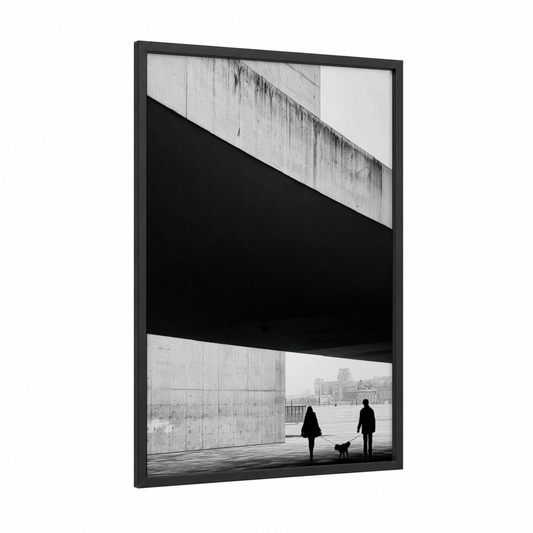 Urban Solitude framed abstract architecture print — black wood frame — black and white and gray palette