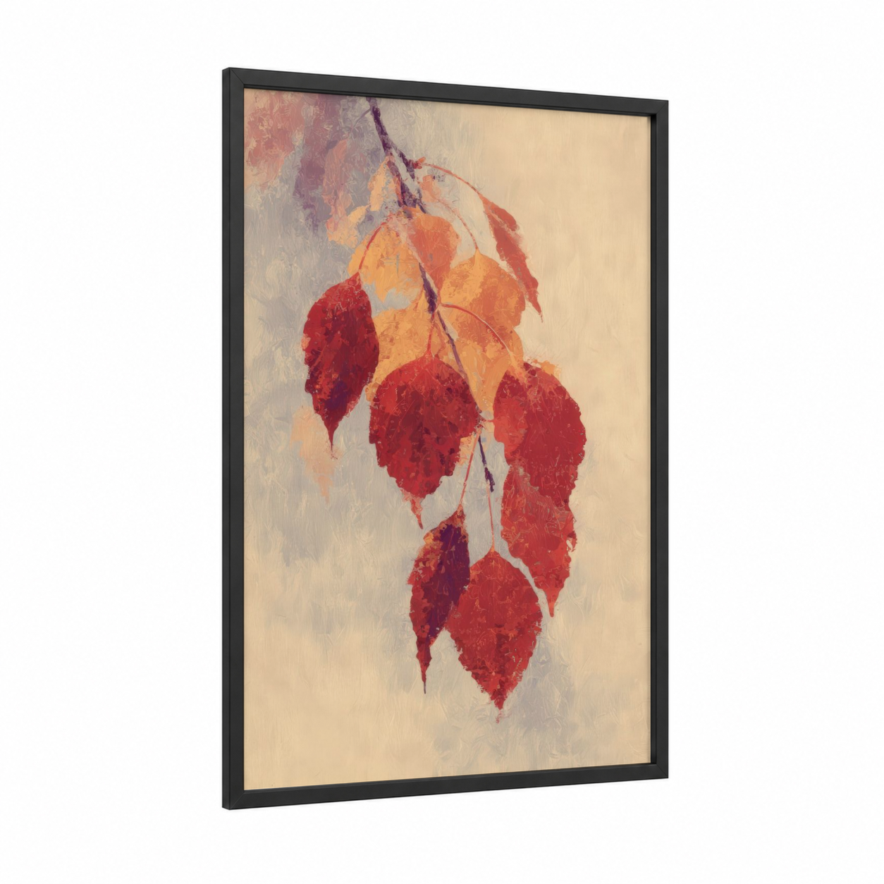 Autumn Birch Branch framed birch tree print — black wood frame — red and gold palette
