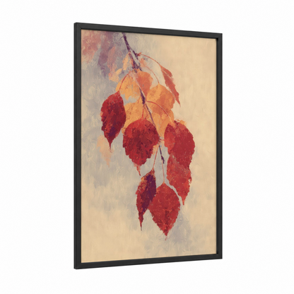 Autumn Birch Branch framed birch tree print — black wood frame — red and gold palette
