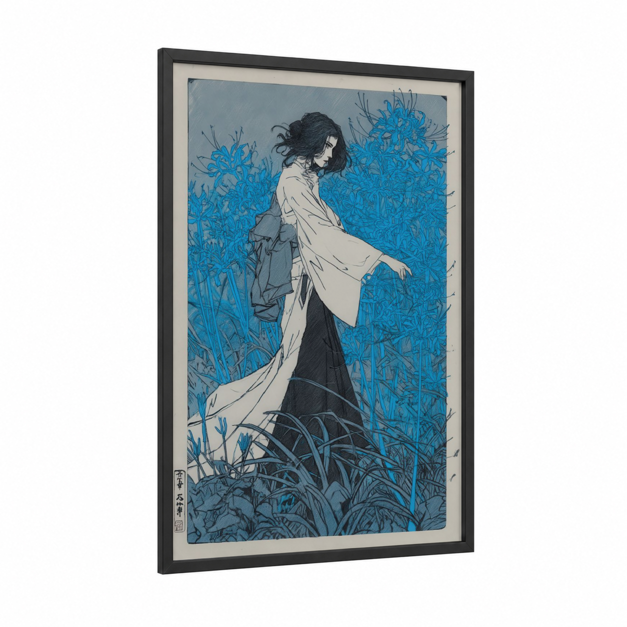 Contemplative Amarillys framed art print — black wood frame — blue and cream palette