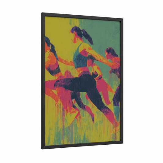 Vibrant Zumba Energy framed art print — black wood frame — magenta and yellow gold palette