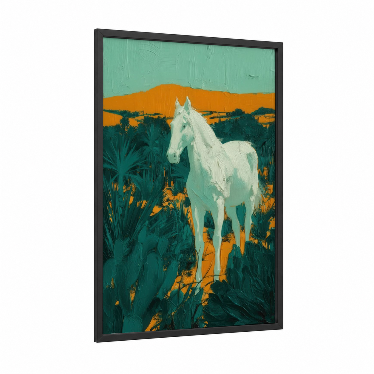 Desert Wanderer Horse framed arabian horse print — black wood frame — teal and gold palette