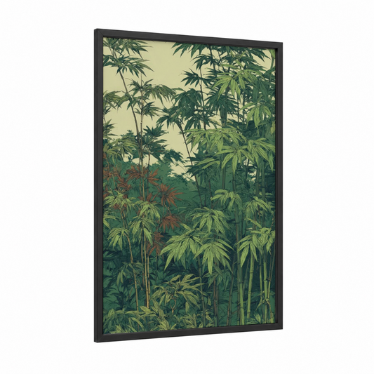 Verdant Bamboo Jungle framed art print — black wood frame — true green and cream palette
