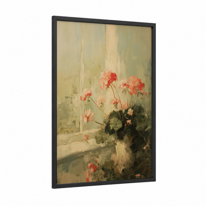 Windowsill Geraniums framed art print — black wood frame — cream and sage green palette