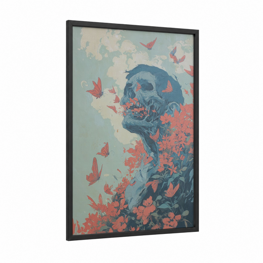 Bloom Zombie framed art print — black wood frame — blue and salmon pink palette