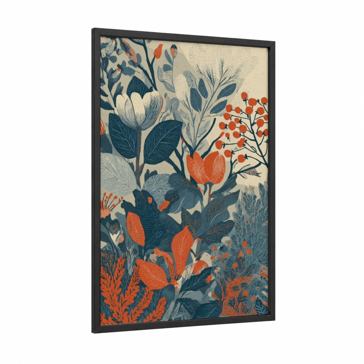Autumn Botanical Garden framed leaf print — black wood frame — orange and dark blue palette