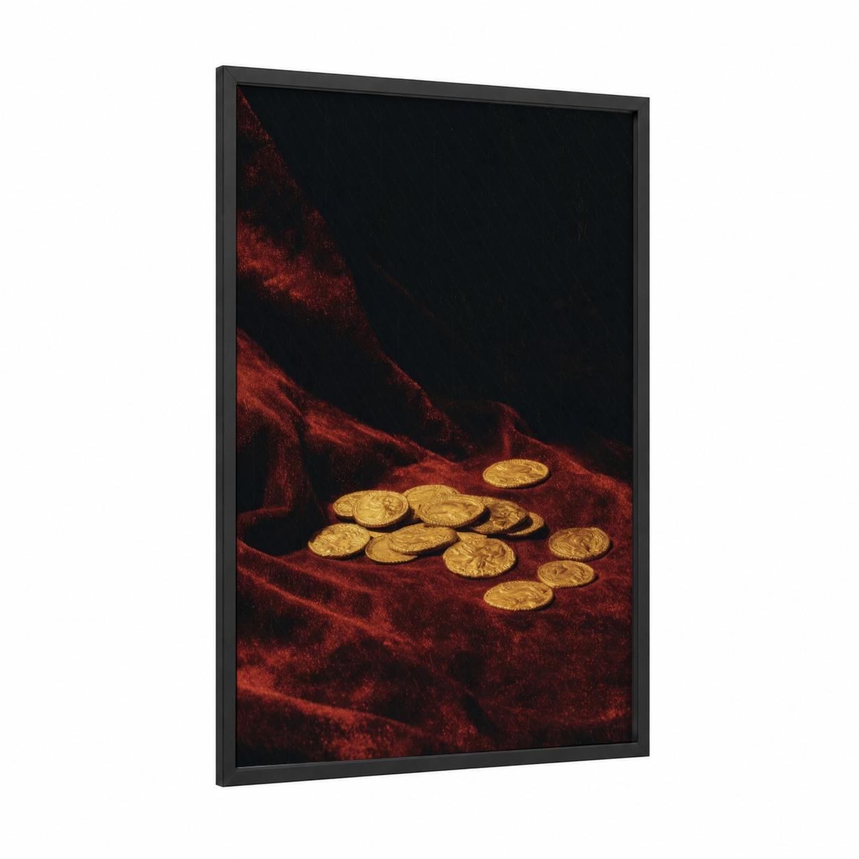 Golden Treasure Heap framed money print — black wood frame — gold and maroon palette