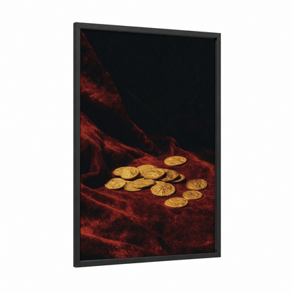 Golden Treasure Heap framed money print — black wood frame — gold and maroon palette