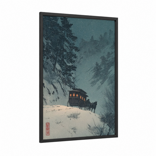 Snowy Caravan Night framed wagon print — black wood frame — teal and gold palette