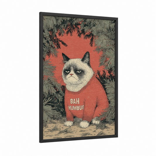 Grumpy Christmas Cat framed art print — black wood frame — red and white palette