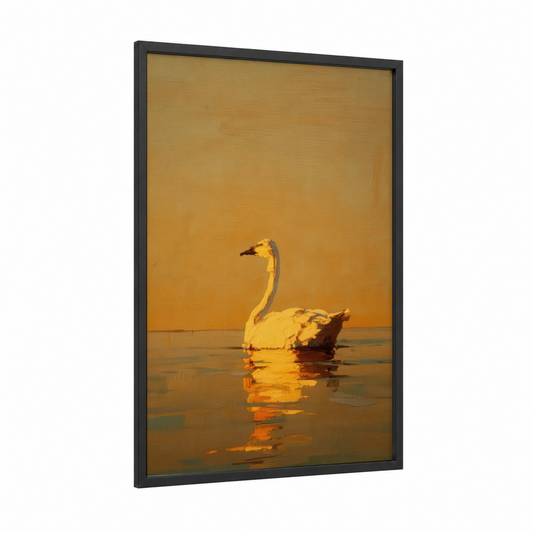 Golden Swan Sunrise framed art print — black wood frame — gold and orange palette