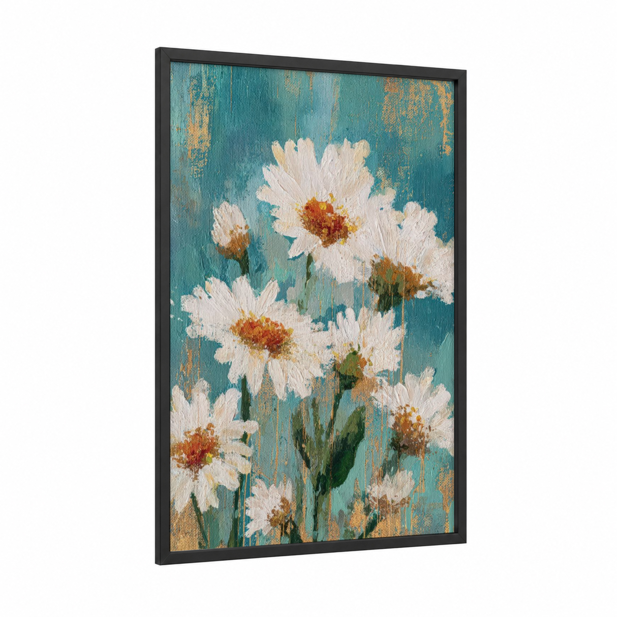 Cream Daisies framed daisy print — black wood frame — teal and white palette