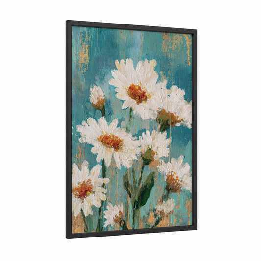 Cream Daisies framed daisy print — black wood frame — teal and white palette