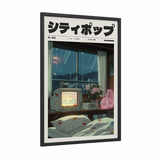Rainy Night Nostalgia framed anime and manga print — black wood frame — blue and pink palette