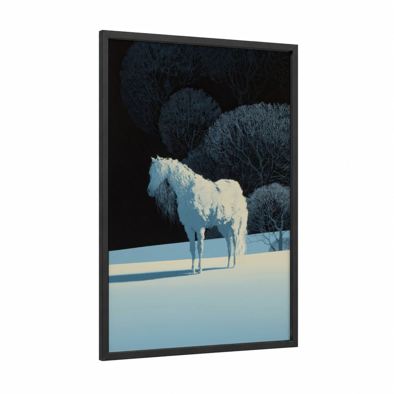 Snowy Miniature Horse framed art print — black wood frame — blue and white and dark blue palette