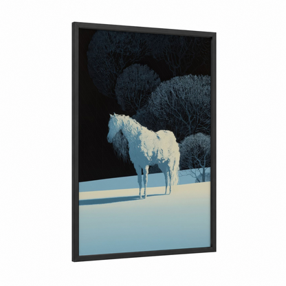 Snowy Miniature Horse framed art print — black wood frame — blue and white and dark blue palette