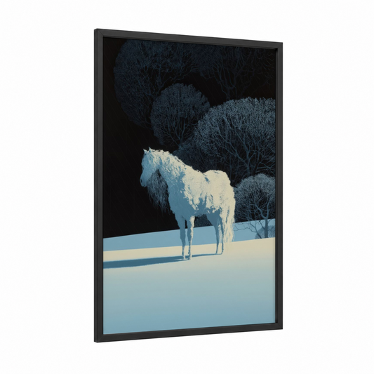 Snowy Miniature Horse framed art print — black wood frame — blue and white and dark blue palette