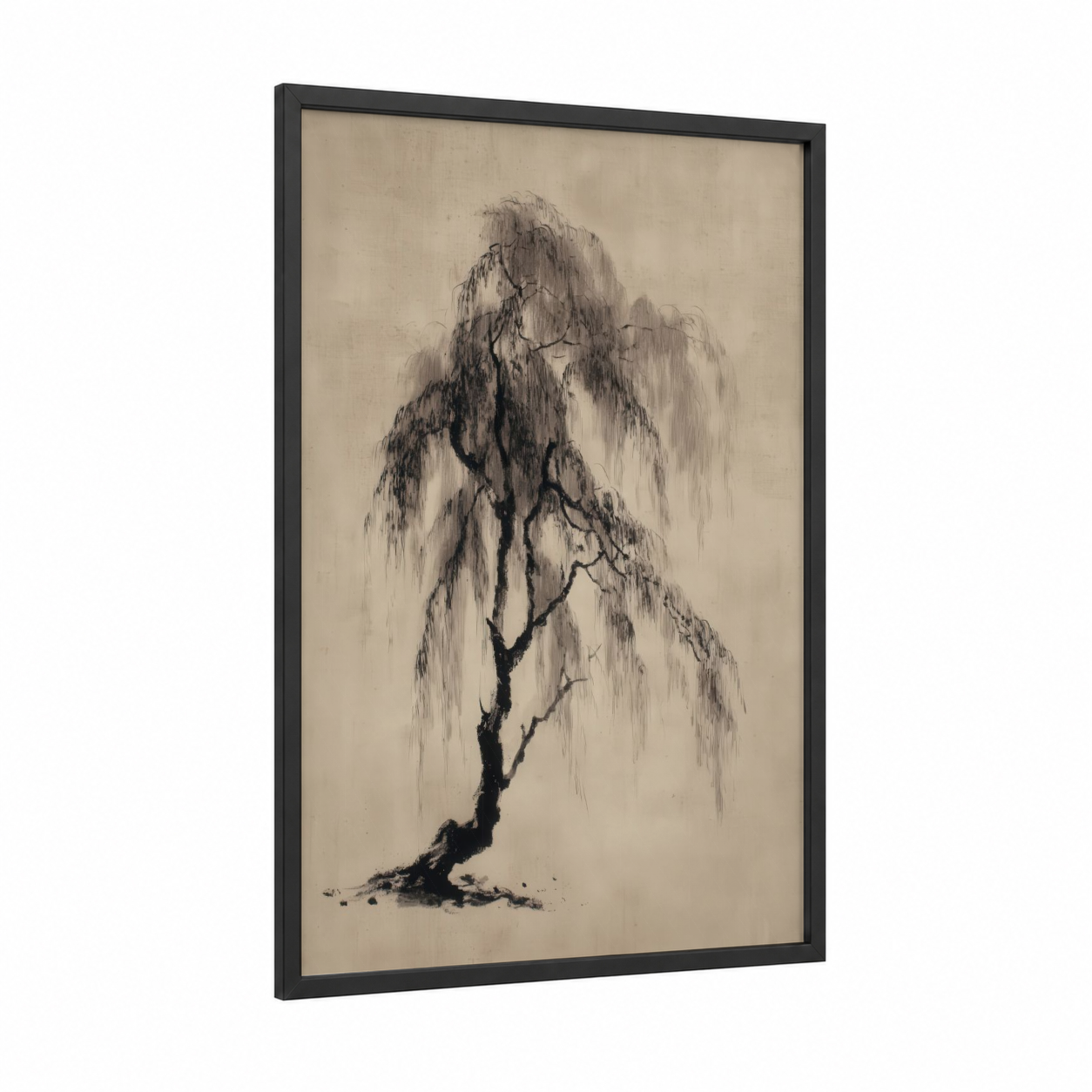 Weeping Willow framed willow tree print — black wood frame — black and white and gray palette