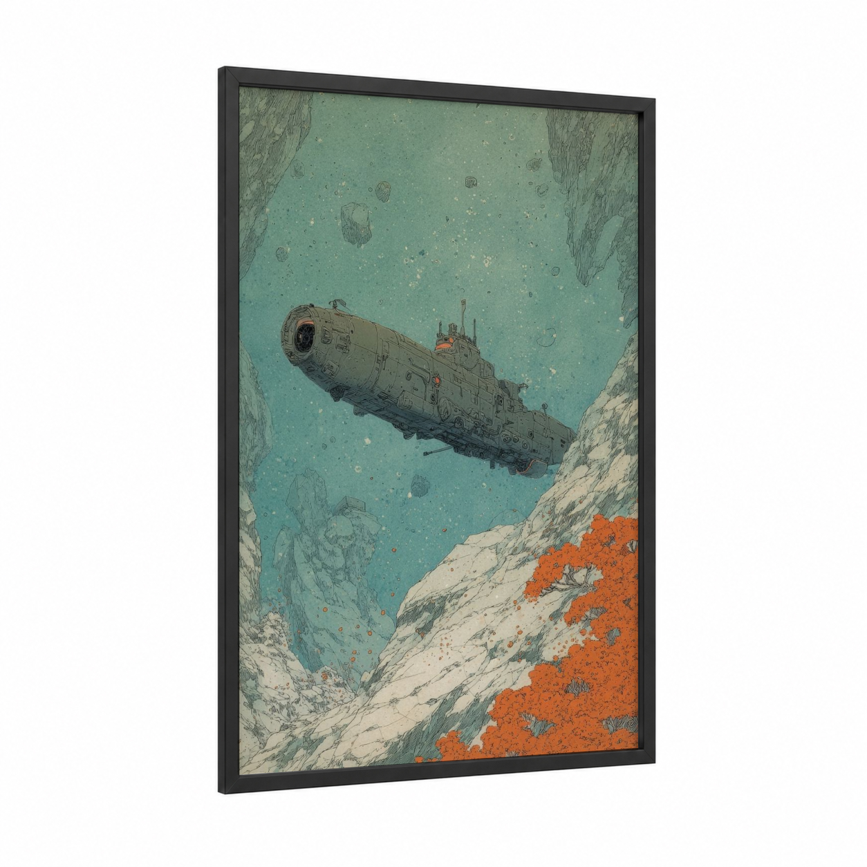 Turquoise Submarine Canyon framed art print — black wood frame — turquoise and orange palette