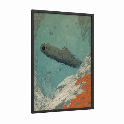 Turquoise Submarine Canyon framed art print — black wood frame — turquoise and orange palette