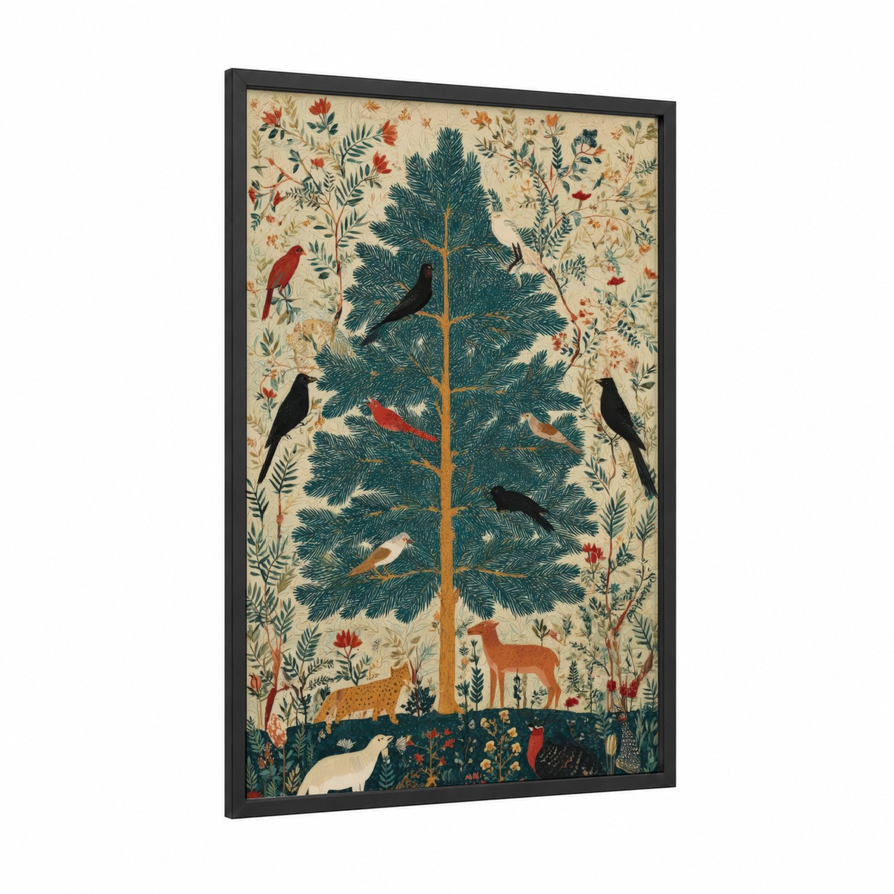 Wildlife Cedar Tree framed art print — black wood frame — teal and gold palette